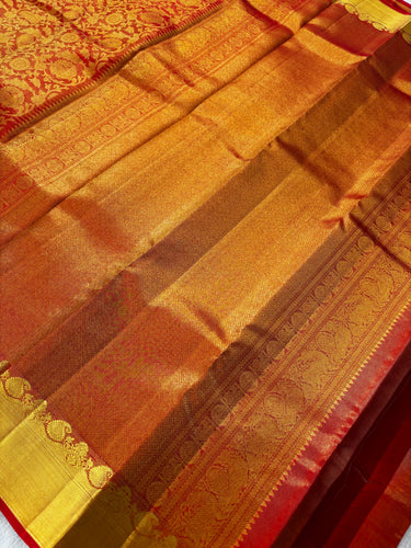 ShopNaya Exclusive | Metallic Brocade Kanchipuram Pure Silk Saree | Red | Pure Gold Zari | Handwoven | Ships from California
